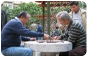 Two elderly people are playing chess games in the park