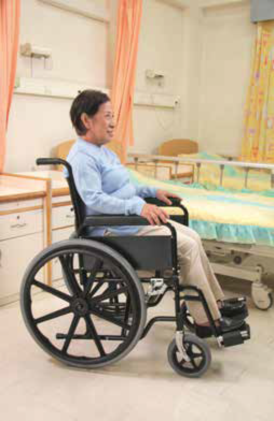 An elderly sit on wheelchair with seat cushion, it could maintain her in proper posture and also relieve pressure over buttock, therefore to prevent pressure sores